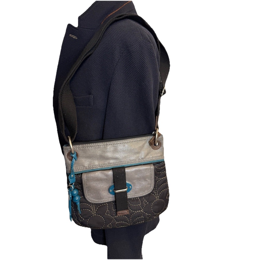 FOSSIL KEYPER crossbody bag Black/Grey/Teal blue Quilted w/Large key charm XLNT